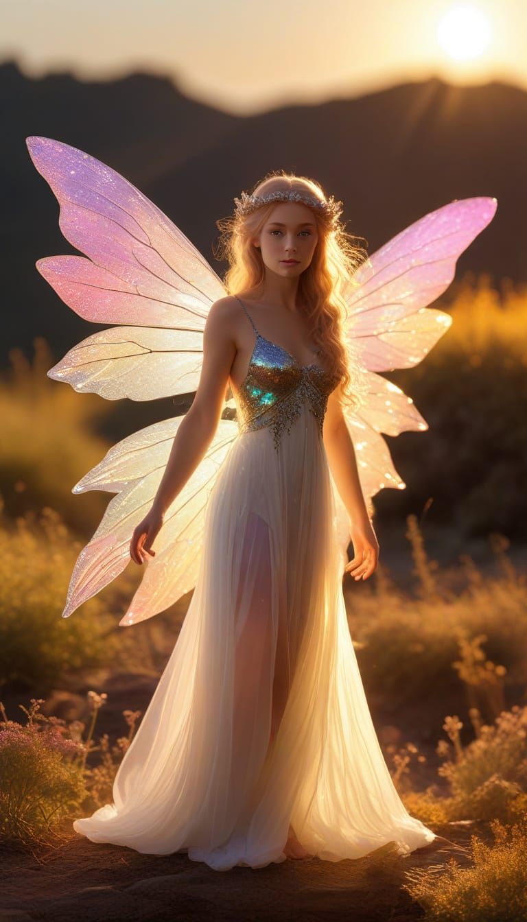 Surreal Fairy Backlit by Vibrant Sunset