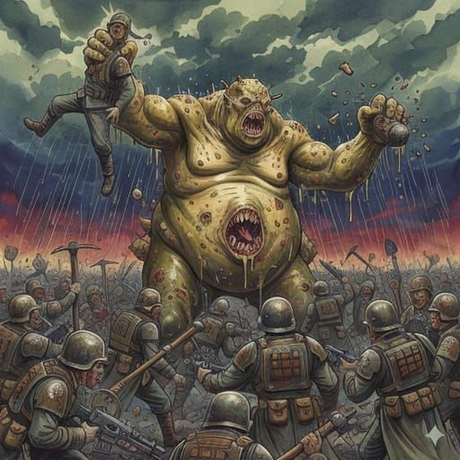 Great Unclean One Attacks Death Korps Soldiers in Watercolor...