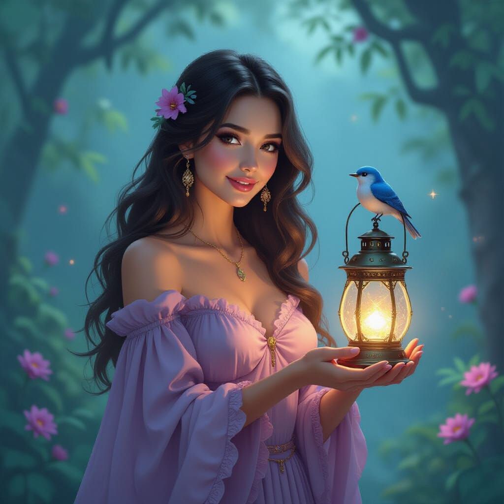 Enchantress with Lantern, in Fantasy Art Style