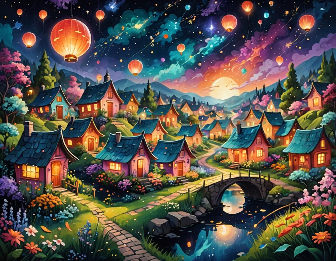 Mystical Village Among Stars: Cosmic High Fantasy Illustrati...