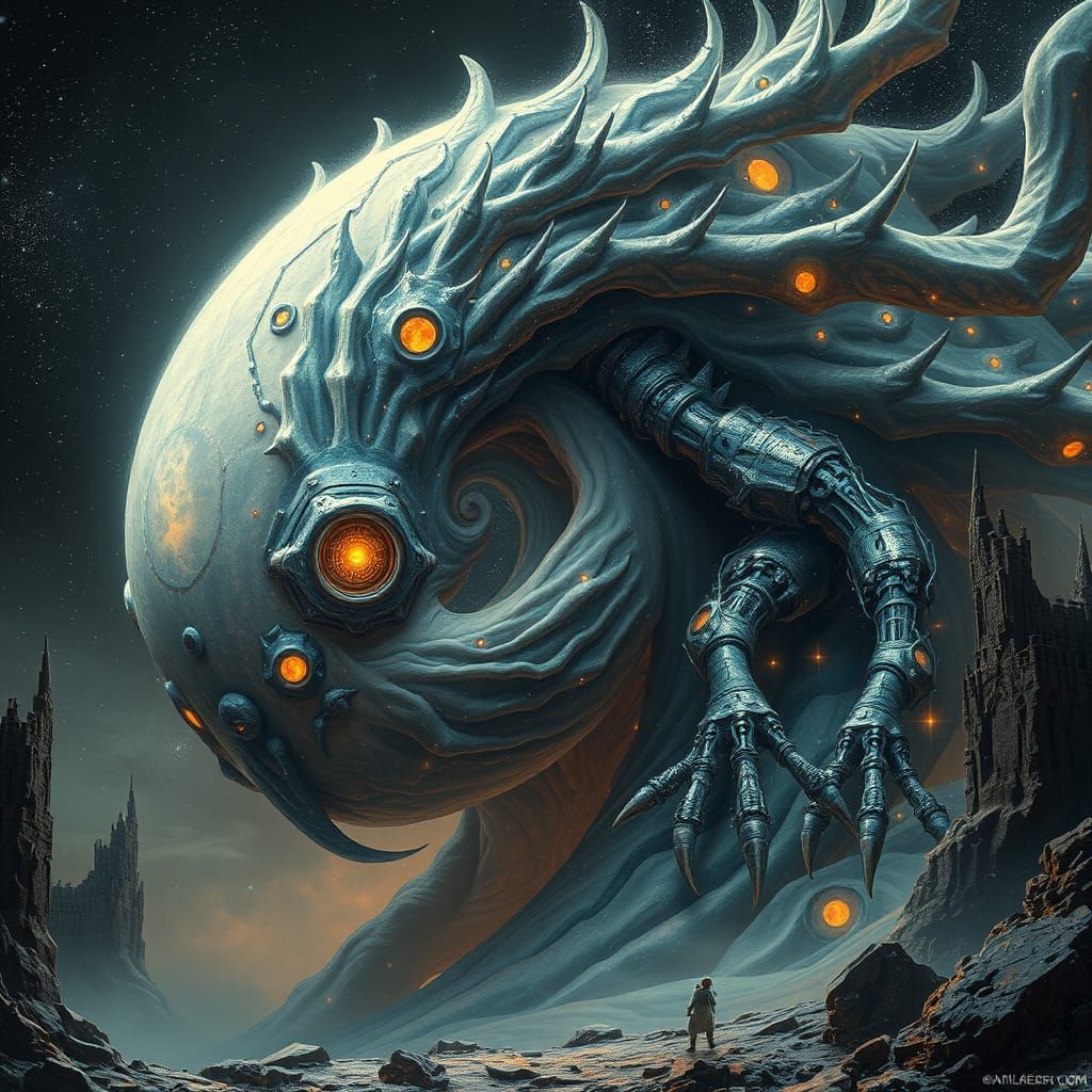 Cosmic Monster Devouring the Moon in Biomechanical Nightmare