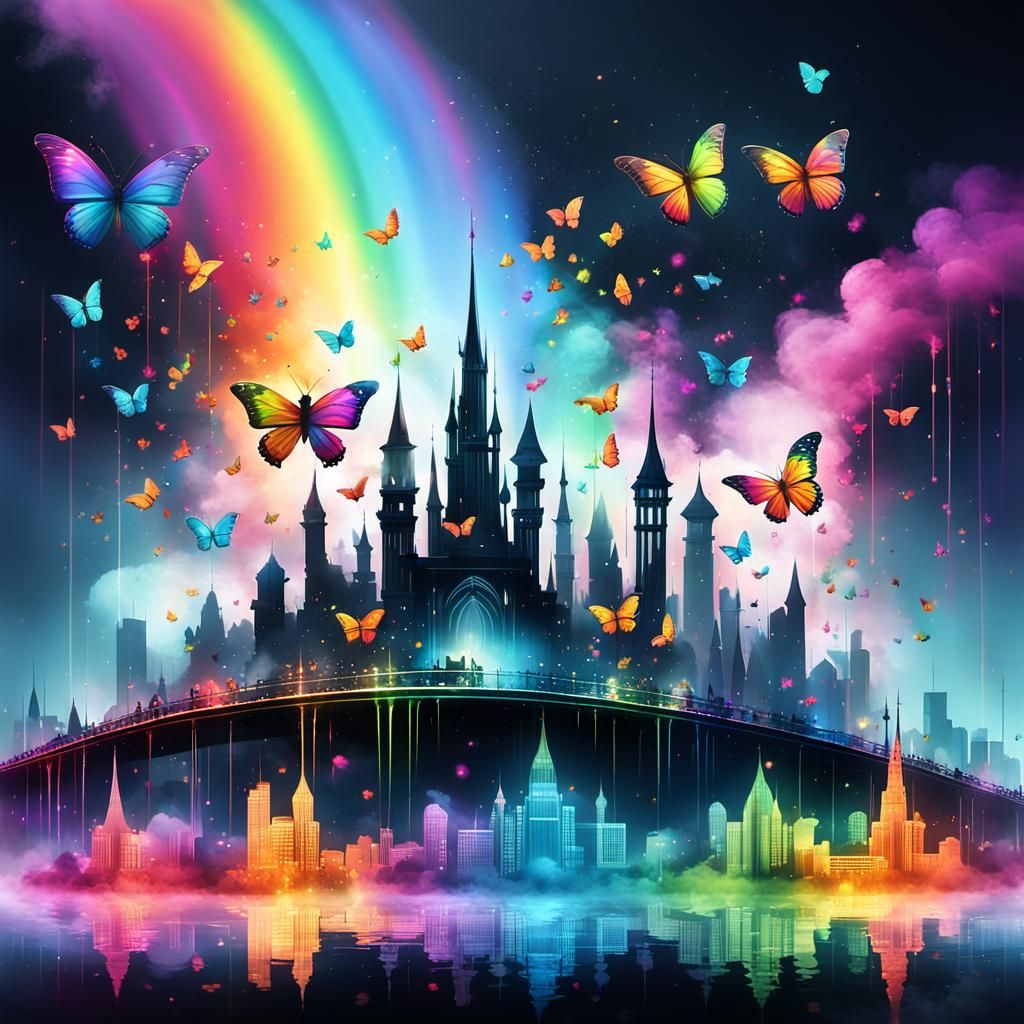 Futuristic Cityscape Crowned in Rainbow Water Droplets