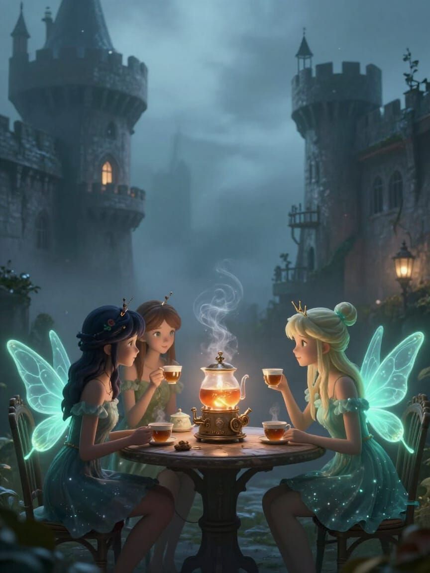Bioluminescent Fairies Gossiping by Steampunk Engine