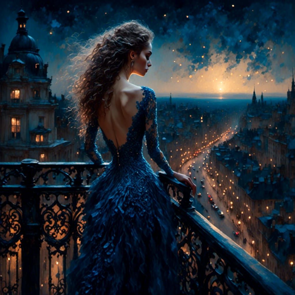 Woman on Balcony Overlooking City in Romantic Realism