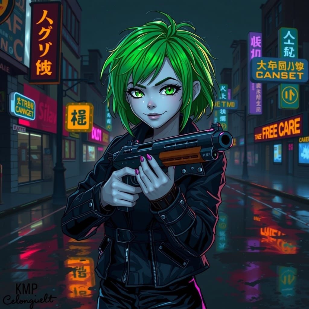 Girl with Lime Green Hair and Cyberpunk Laser Pistol