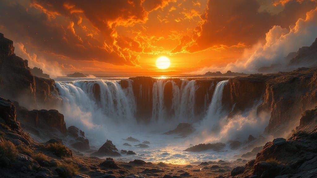 Radiant Sunrise Over Wild Elemental Waterfall