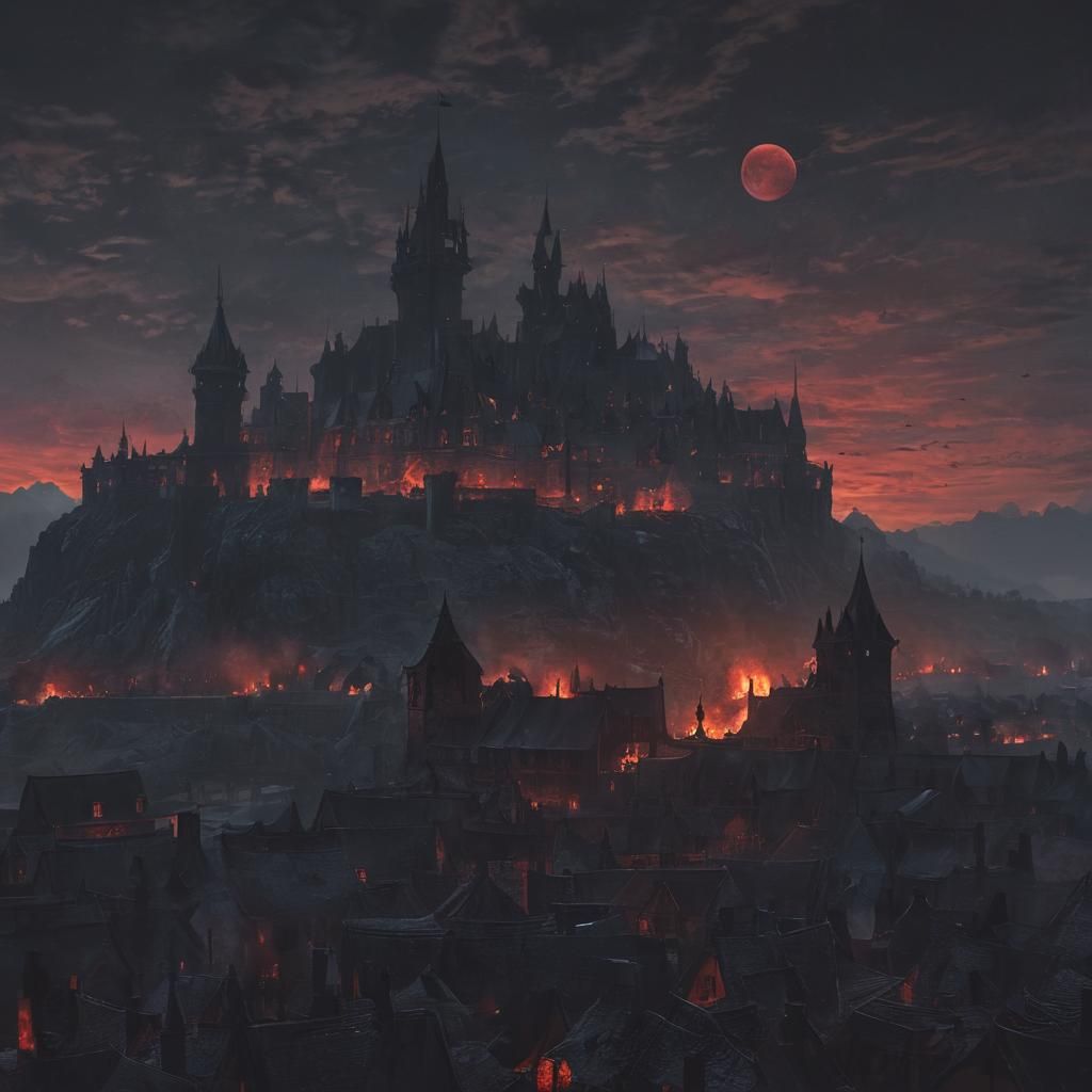 Burning Village Under Red Moon: Dark Fantasy Art