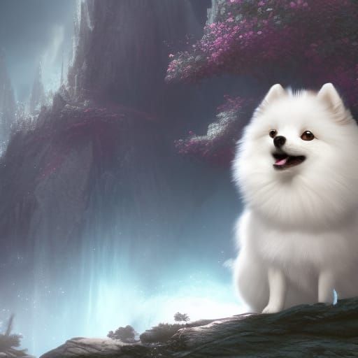 White fluffy Pomeranian smiling