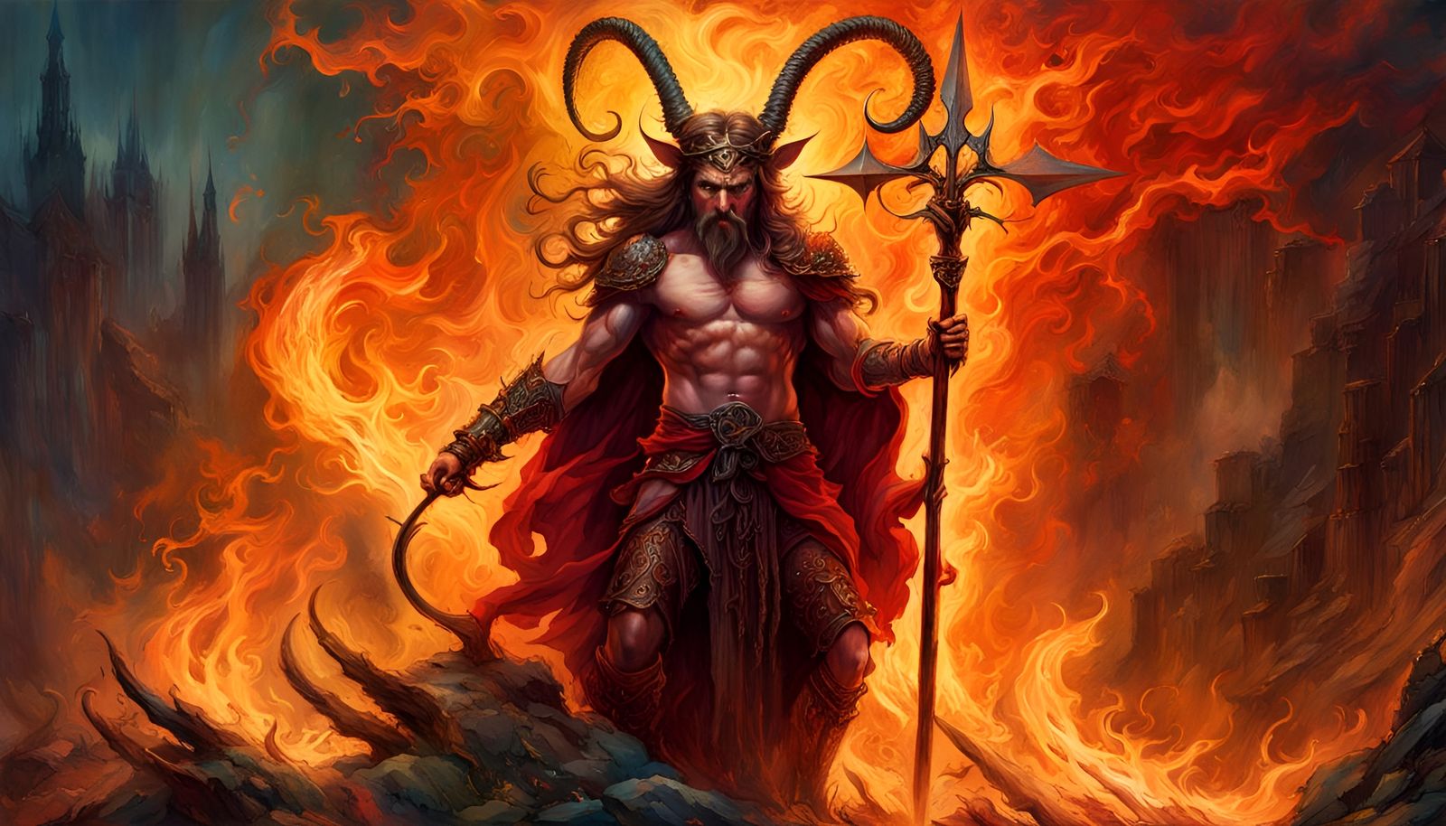 Satan with Pitchfork in Renaissance Watercolor Style