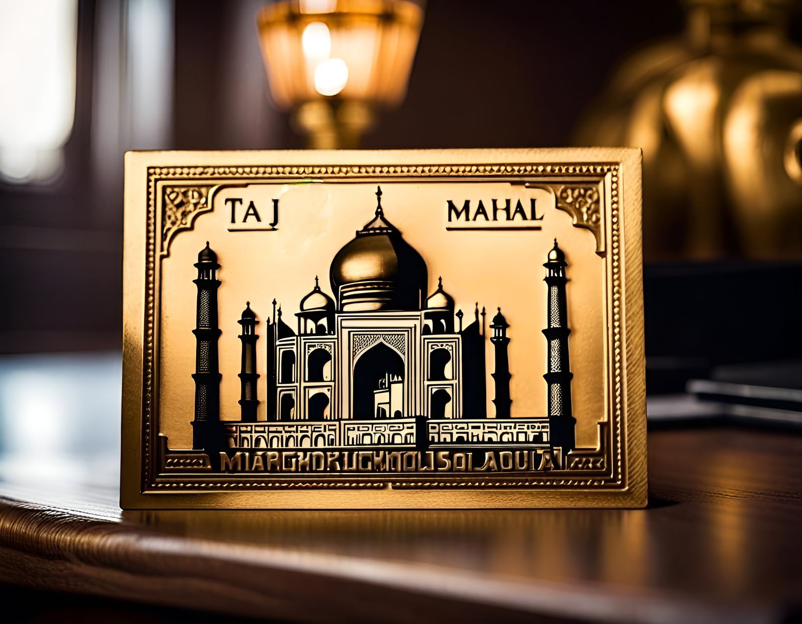 Gold Taj Mahal Postcard on Old Desk