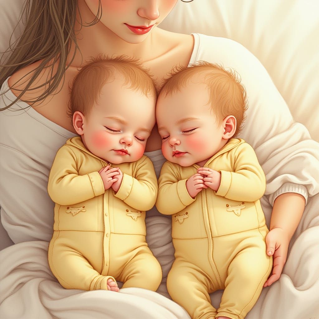 Twin Babies Snuggle with Mom in Whimsical Nursery Scene