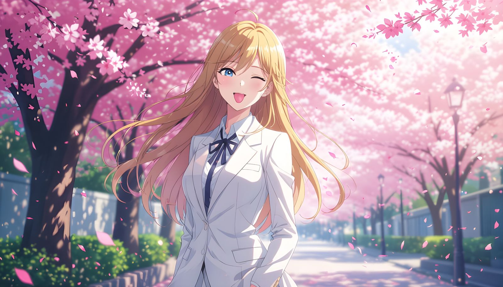 Anime Girl in White Suit with Cherry Blossoms