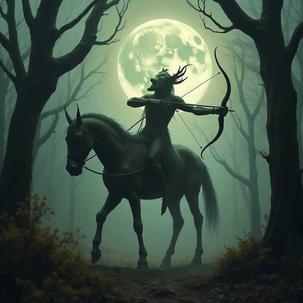 Mystical Sagittarius Creature in Ominous Forest