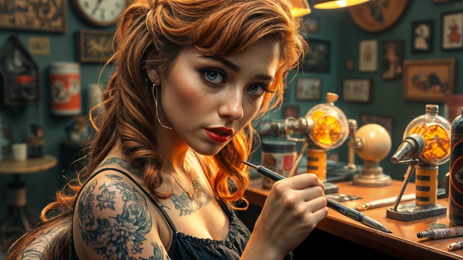 Tattoo Artist in 1950s Pinup Impasto Style