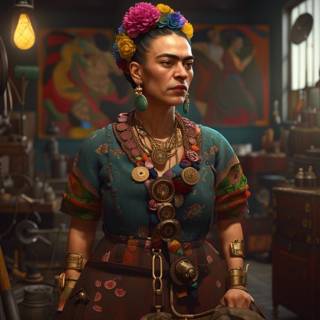 Frida Kahlo as Mechanic in Klimt-Inspired Portrait