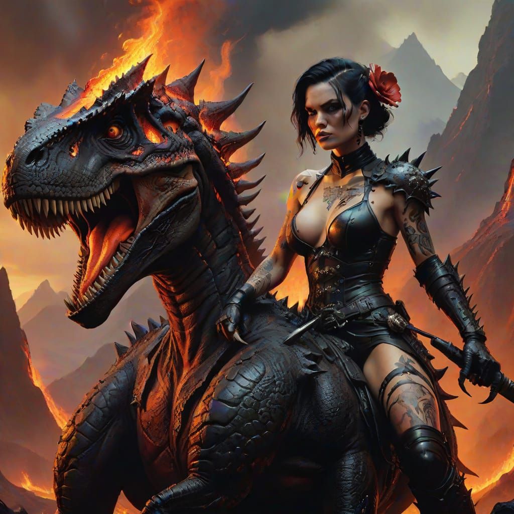 Dark Fantasy Woman Rides T-Rex Through Volcano