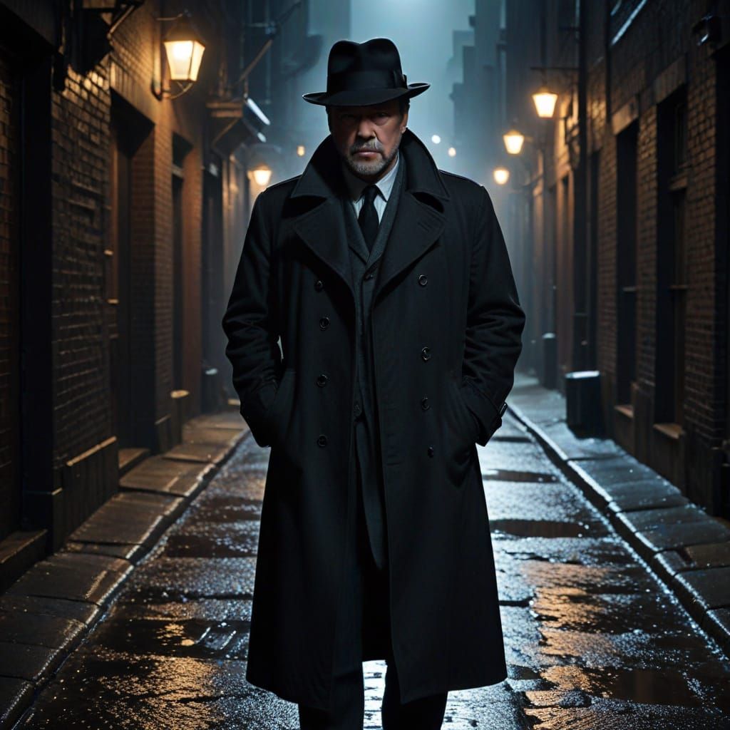 Grizzled Detective in Rainy Film Noir Alleyway