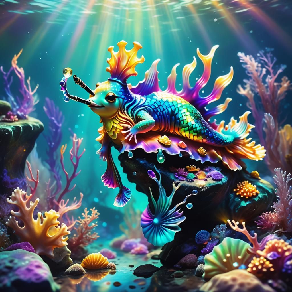 Vibrant Fantasy Mermaid Sea Slug in Ethereal Oceanic Scene