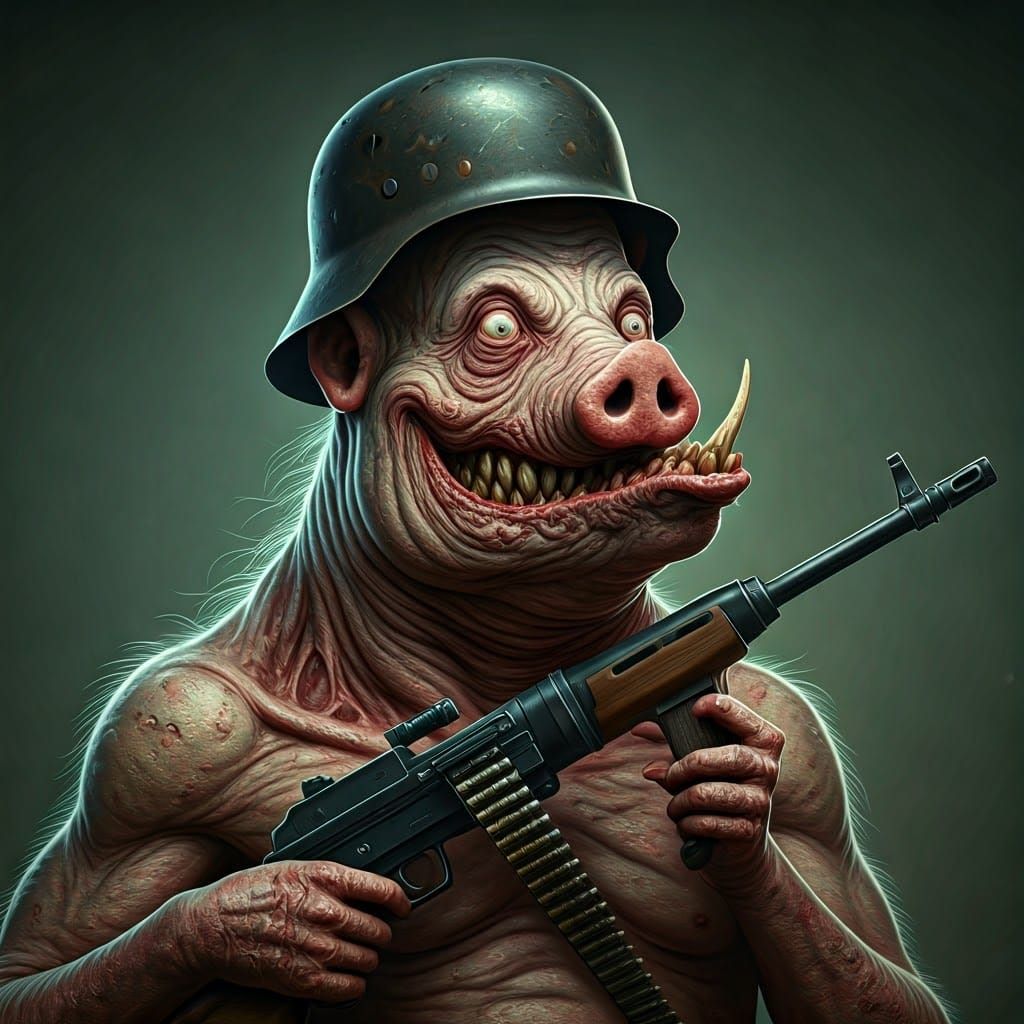 Grotesque, Surreal Pig-Devil Hybrid in a Macabre Nightmare S...