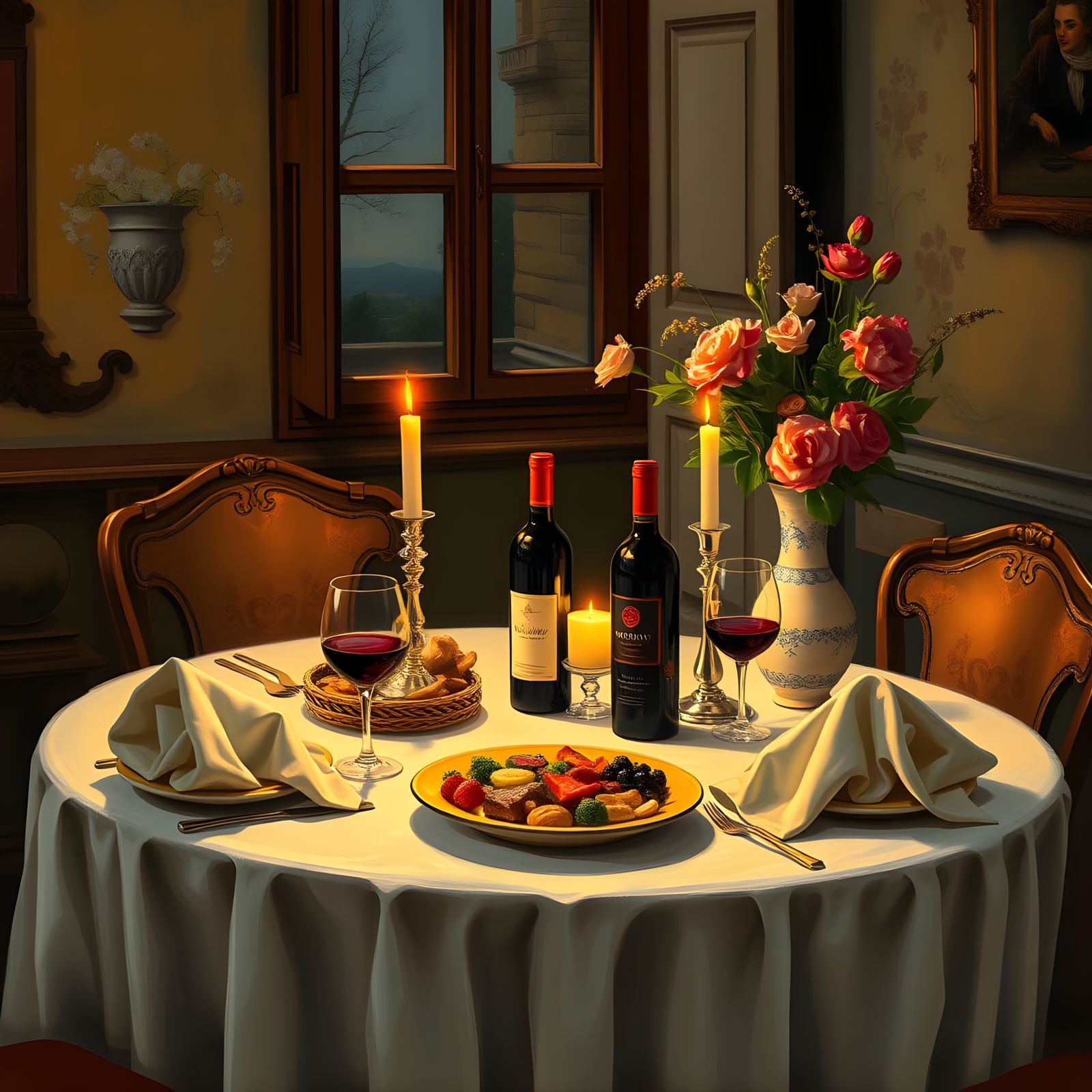 Italian Table Setting with Candles, Wine, and Flowers