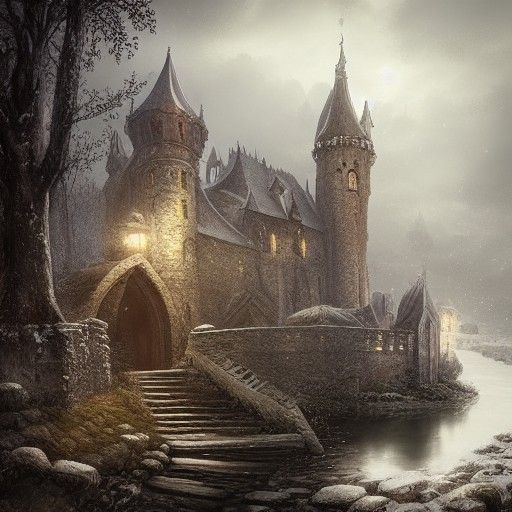 Mystical Medieval Village with Gothic Architecture in Winter