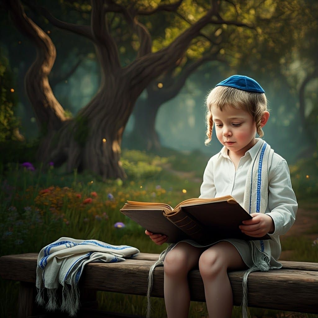 Boy with Book in Dreamlike Pastoral Landscape