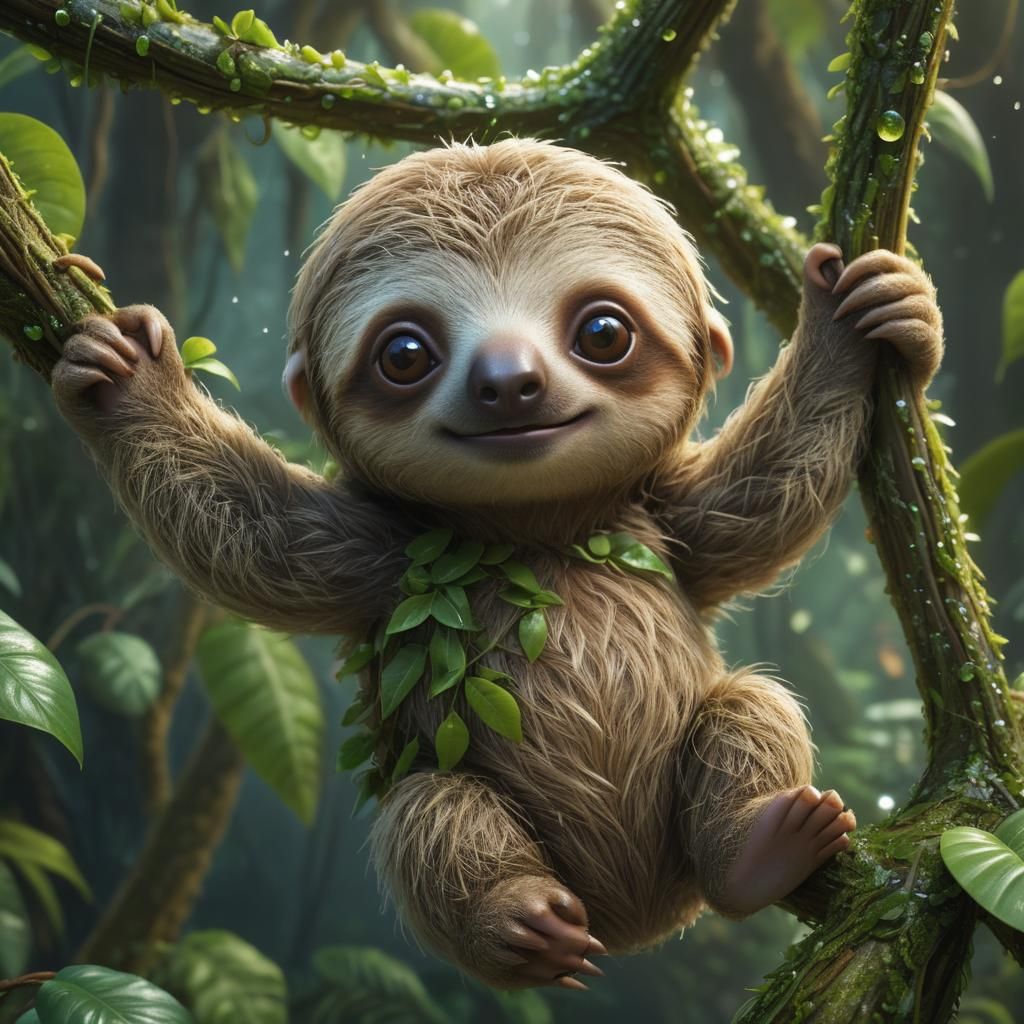 Intricate Baby Sloth in Lush Rainforest Setting