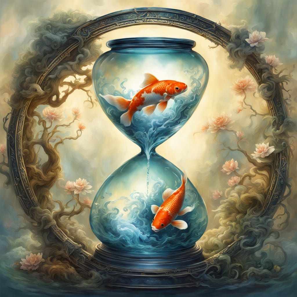 Serene Koi Fish in Glowing Hourglass