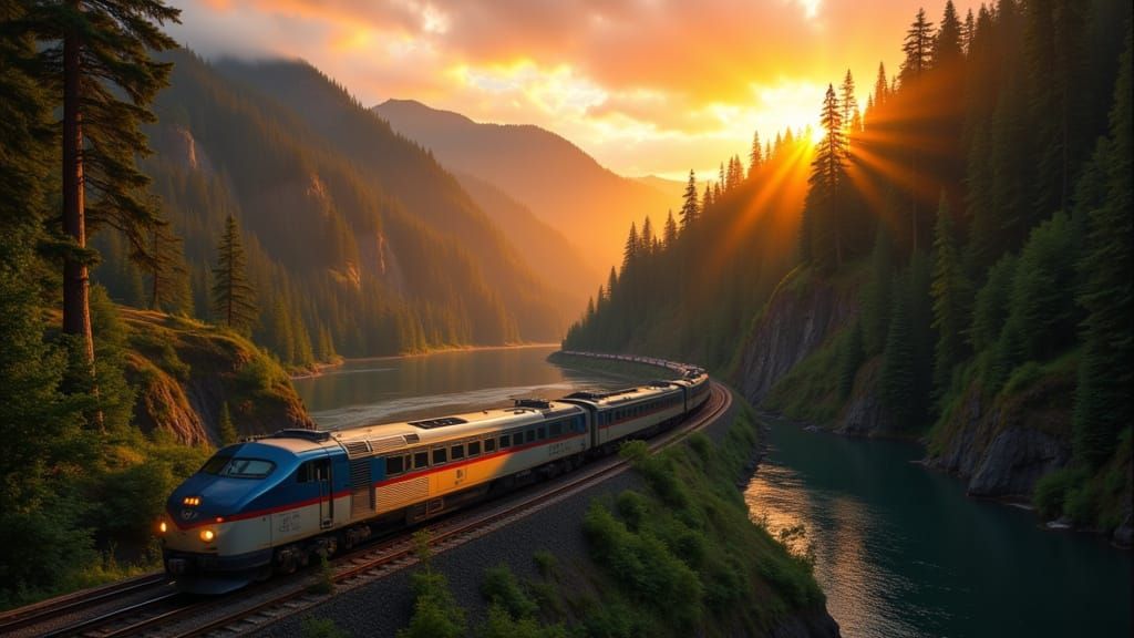 Amtrak Train at Sunset in Columbia River Gorge