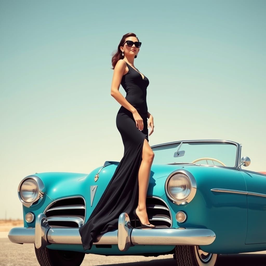 Elegant Woman on Vintage Car in Retro-Futuristic Style