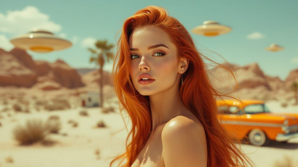 Retro-Futurist Desert Scene with Woman and Flying Saucers