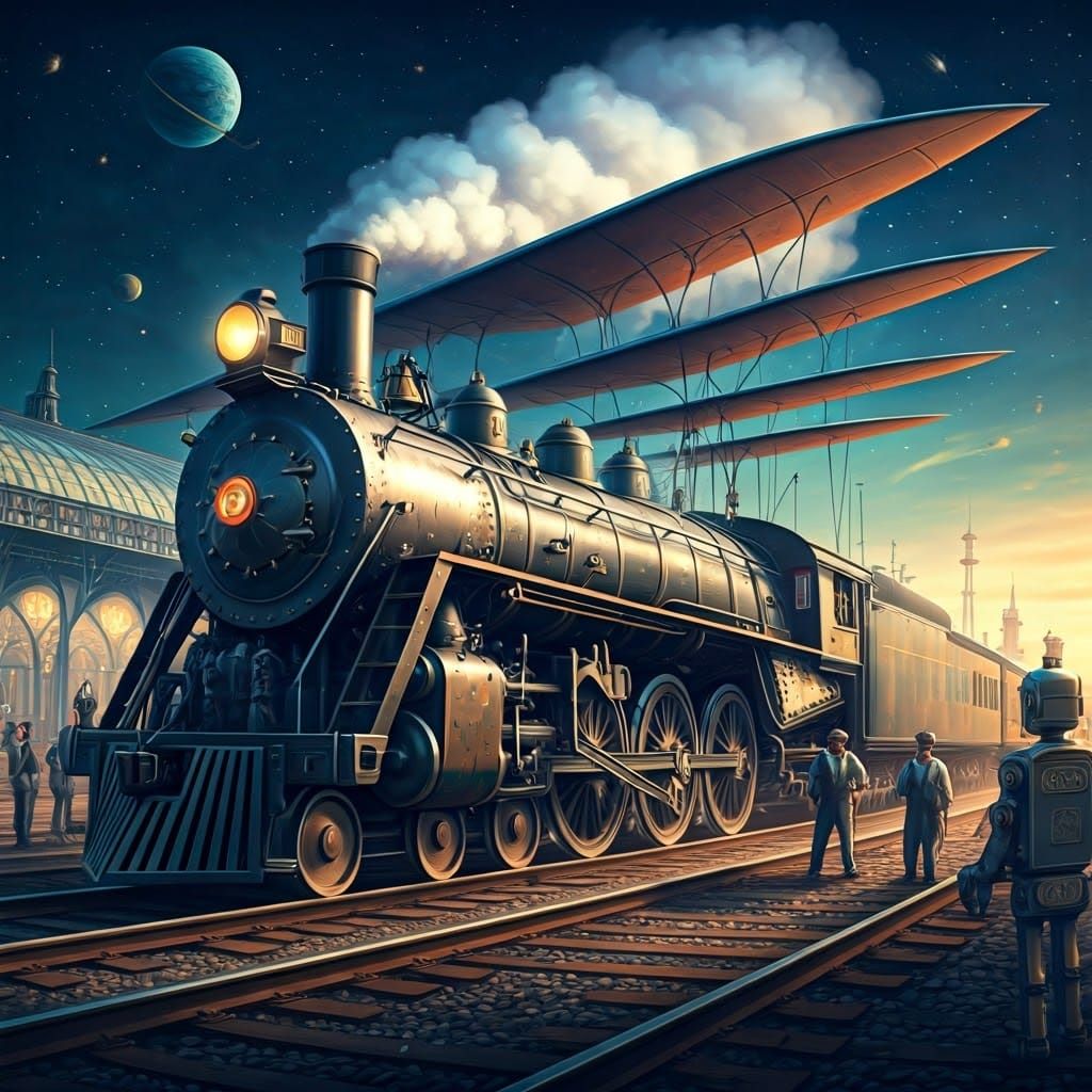 Retro Futuristic Steam Locomotive Soars to the Moon