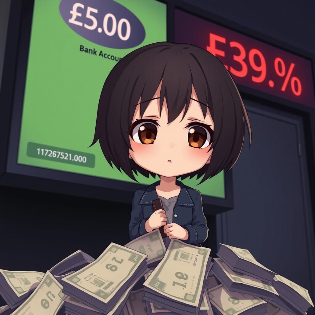 Chibi Anime Girl Buried Under Financial Woes in Dark Night