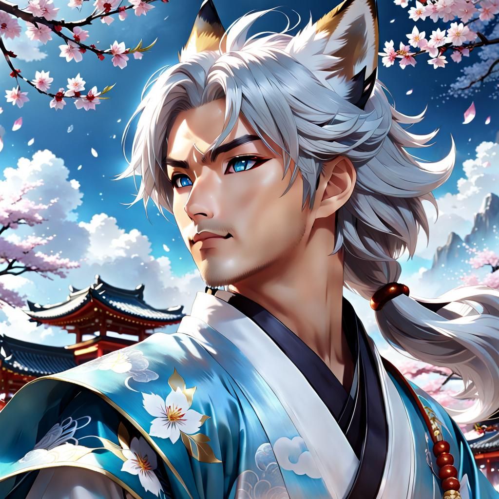 Anime Fox-Eared Swordsman in Shrine with Cherry Blossoms
