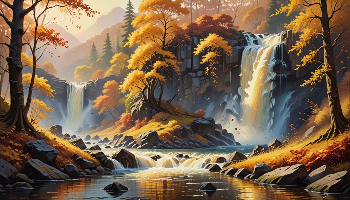 Majestic Autumn Forest Waterfall Oil Painting
