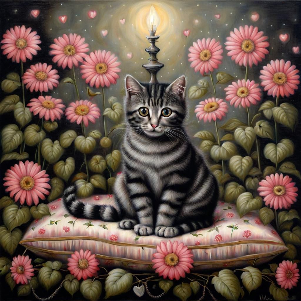 Cute Cat on Pillow Surrounded by Flowers