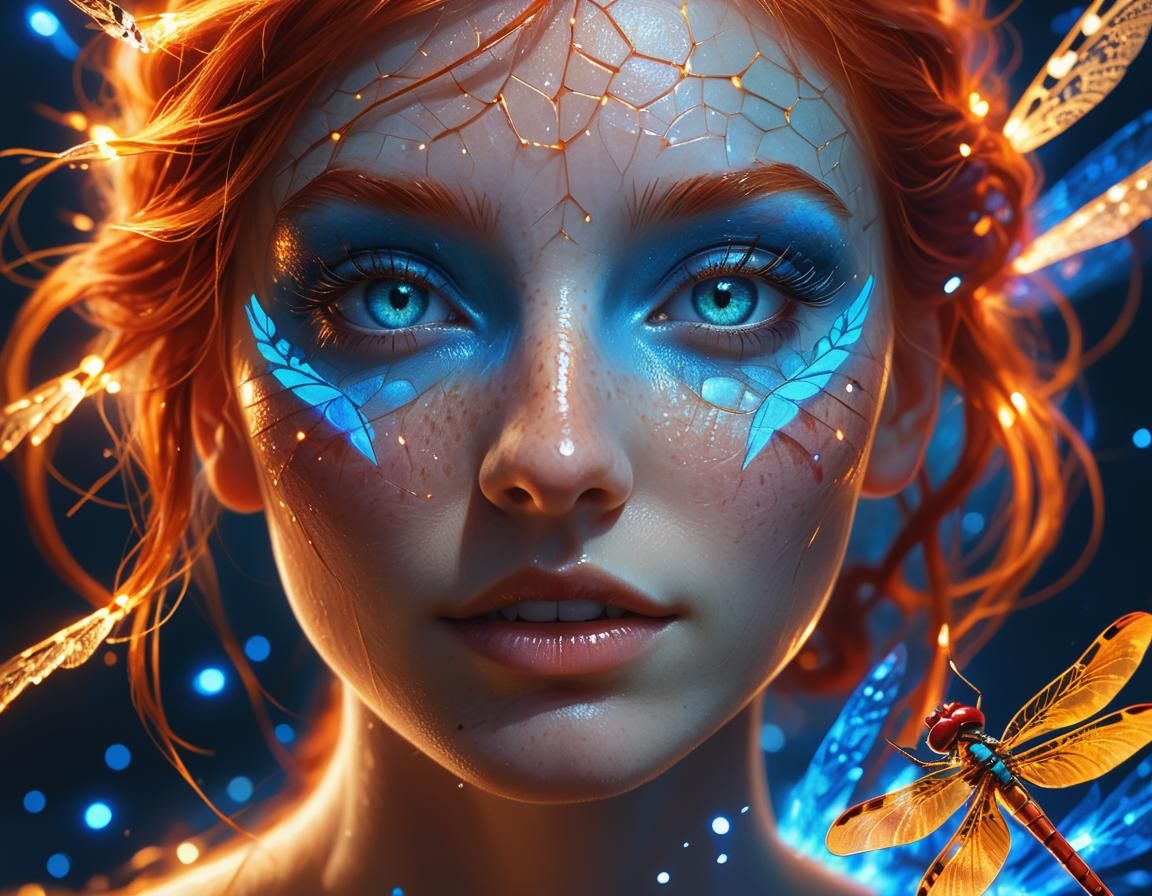 Girl Gazing at a Fiery Dragonfly in Electric Web