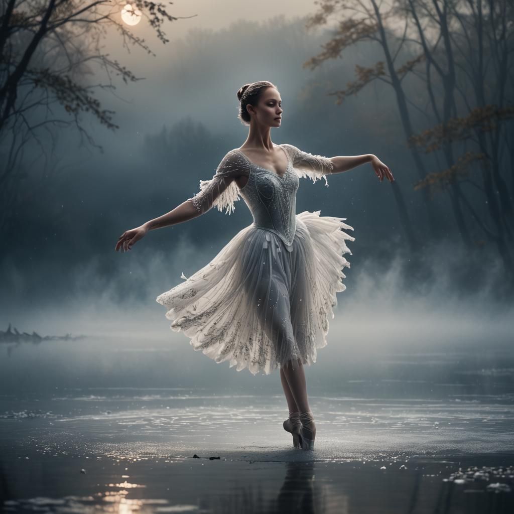 Ethereal Ballet Dancer on Misty Lake Shore