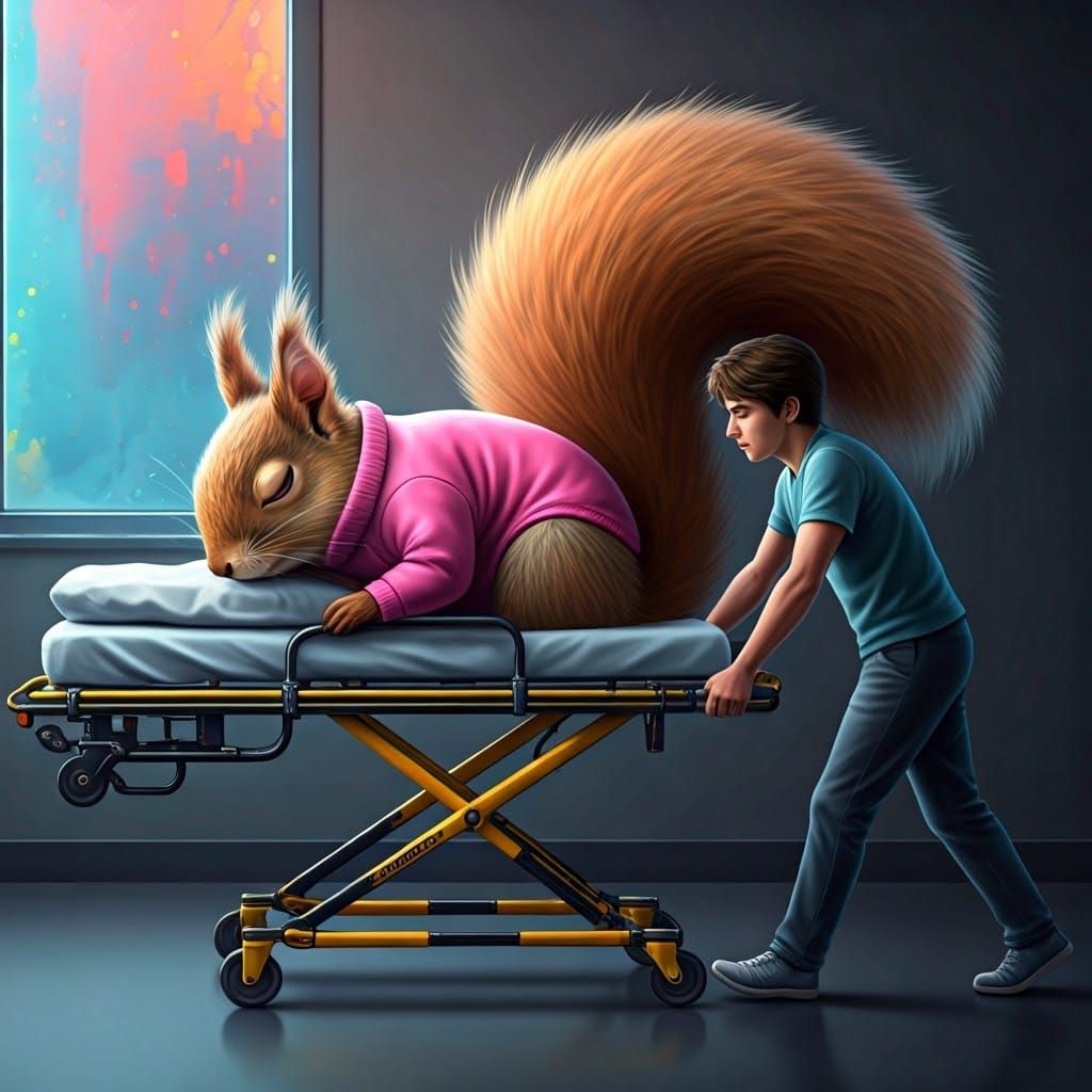 Squirrel in Pink Outfit on Hospital Stretcher