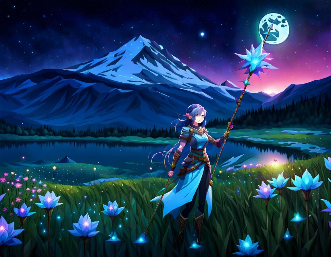 Girl with Glowing Flowers, Crystal Trees and Stars
