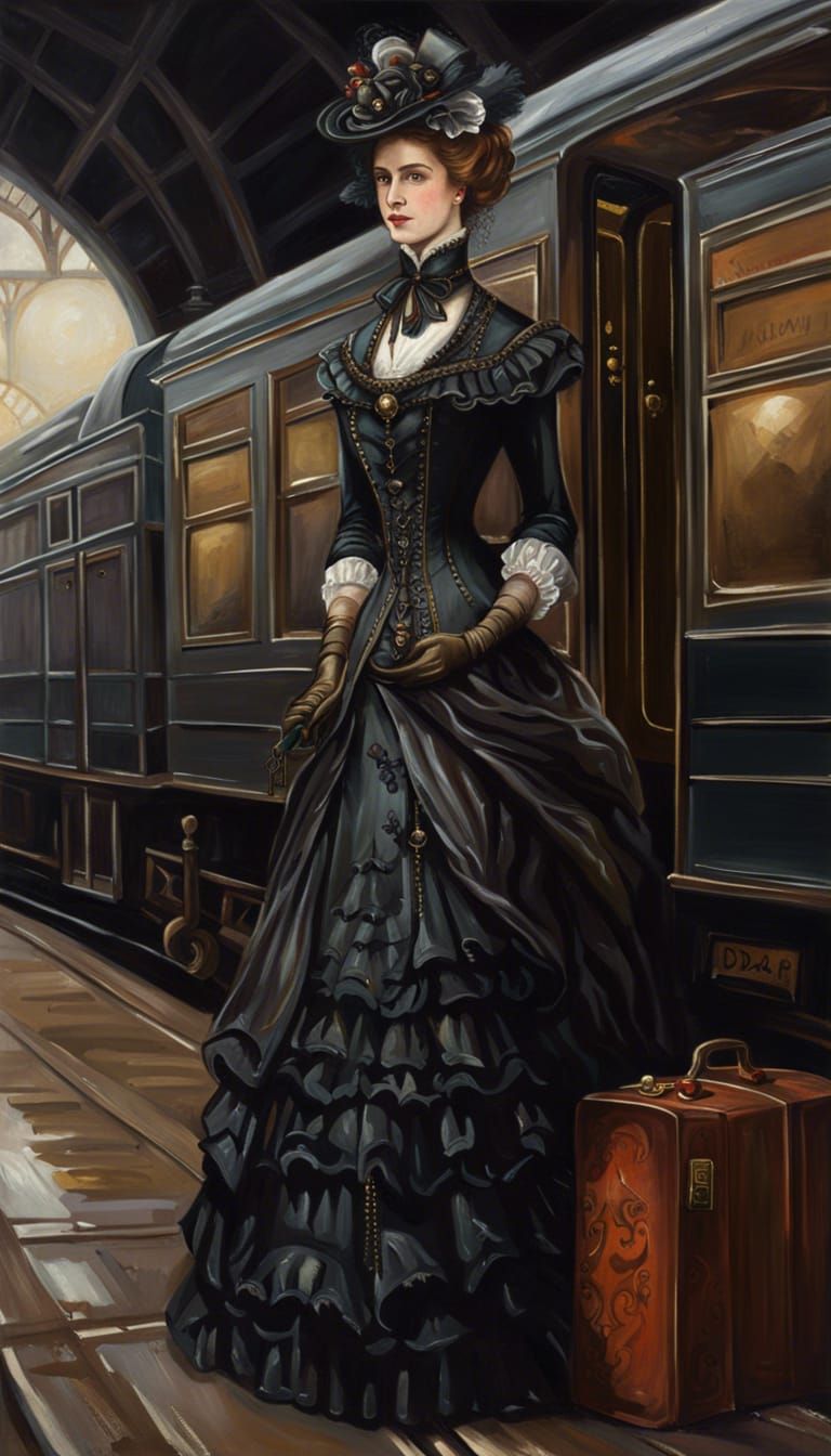 Victorian Woman on Train Platform in Gothic Oil Painting