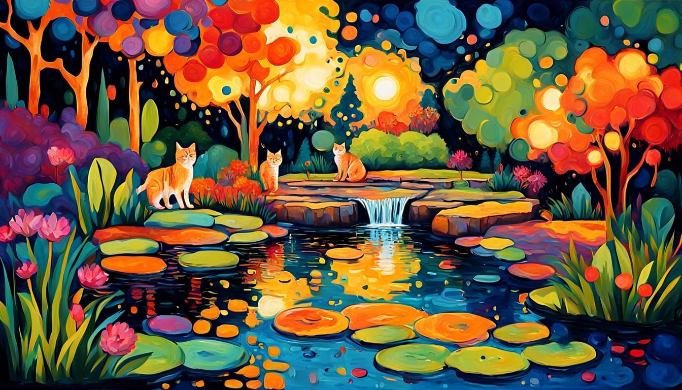 small backyard pond with waterfall and several cats