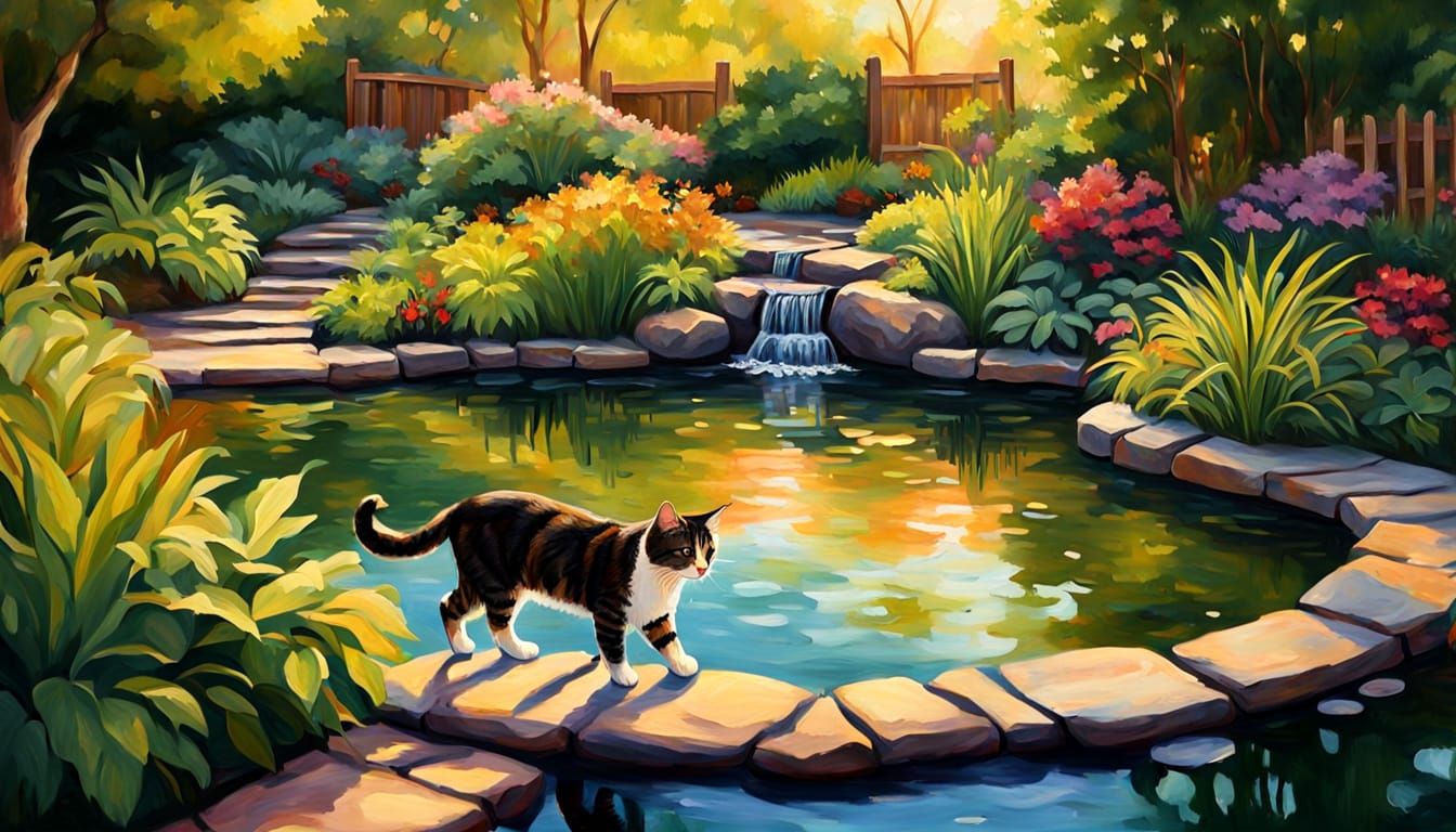 small backyard pond with waterfall and several cats