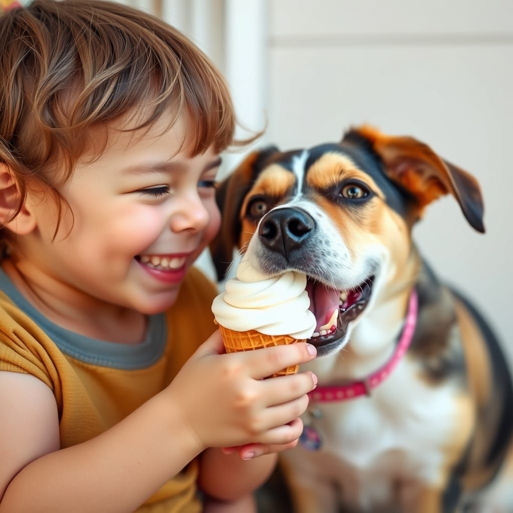 Happy Child Shares Ice Cream With Dog