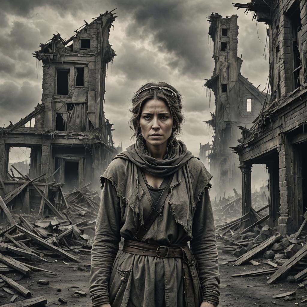 Post-Apocalyptic Woman in Ruins: Detailed Matte Painting