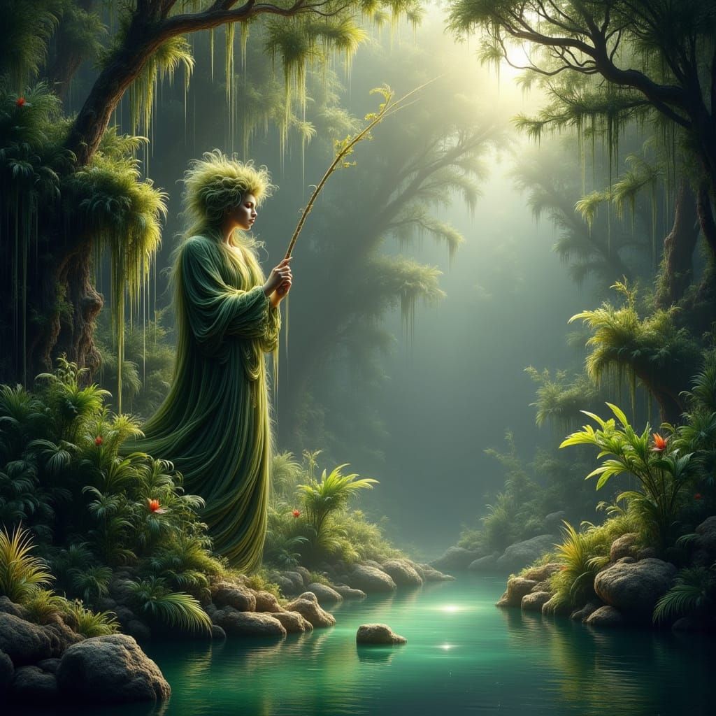 Ancient Fisherman Statue in Lush Jungle River