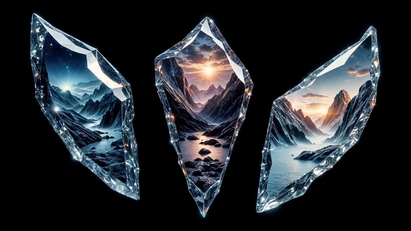 Holographic Mirror Shards Reflecting Alien Landscapes