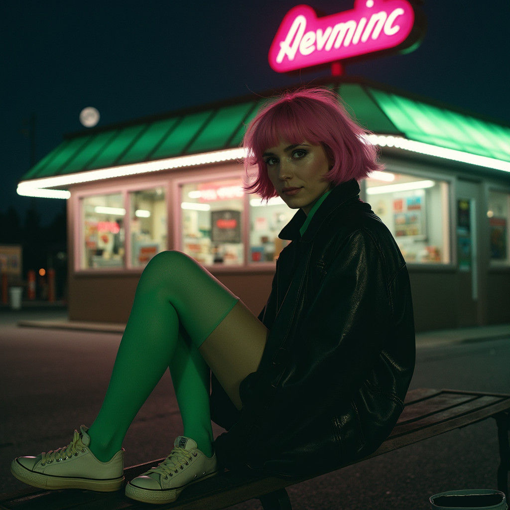 Goth Girl Lounging in Neon Cityscape