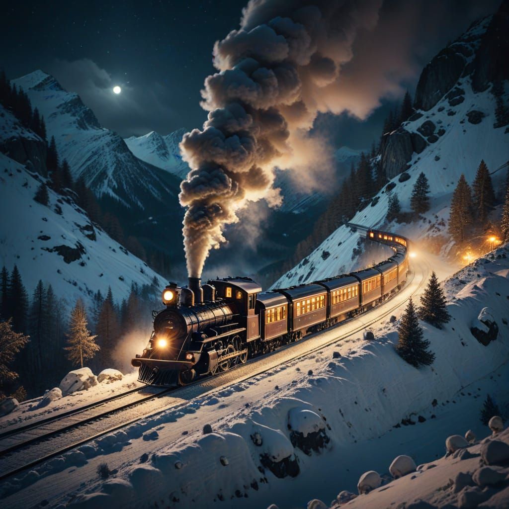 Steam Train at Night Through Snowy Mountain Pass