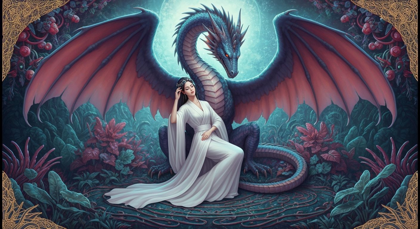 Woman and Dragon Amongst Haeckel-Inspired Botanicals